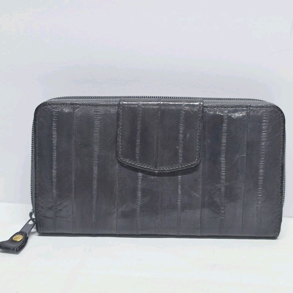 Vintage Lee Sands Genuine Eel Skin Leather Gray Wallet Exotic Retro 70s 80s